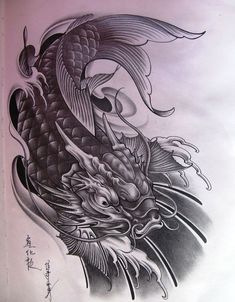 phác họa tattoo cá chép đang hóa rồng đơn sắc