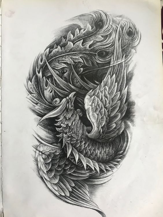 phác họa tattoo chim phượng hoàng đơn sắc