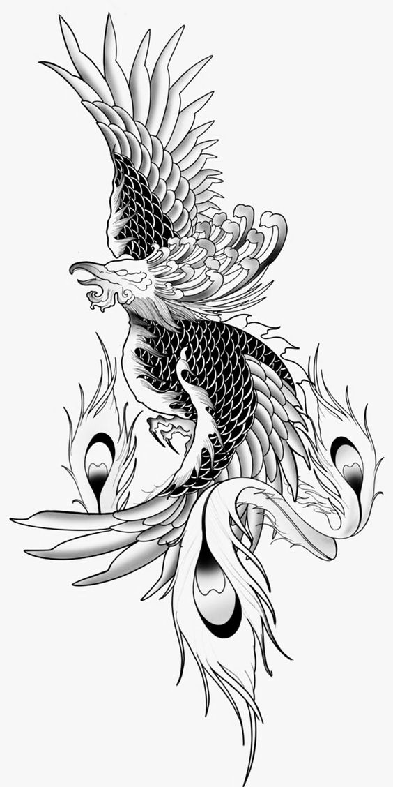 phác họa tattoo phượng hoàng đen trắng