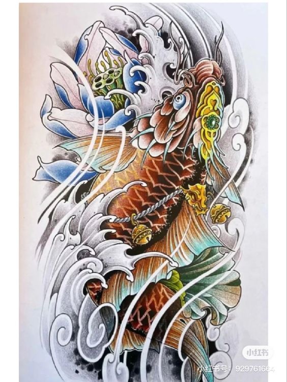 phác họa ý tưởng tattoo cá chép vàng đỏ phong thủy