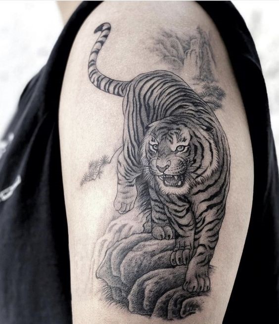 tattoo hình xăm hổ xuống núi ở bắp tay