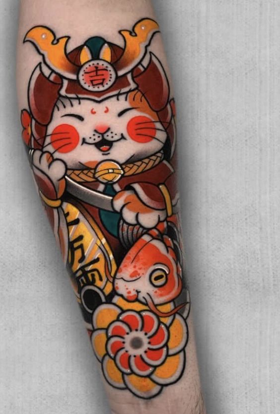 tattoo mèo thần tài samurai phong cách nhật bản