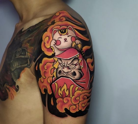 kiểu xăm daruma đen trắng tỉ mỉ kết hợp hoa anh đào đặc trưng