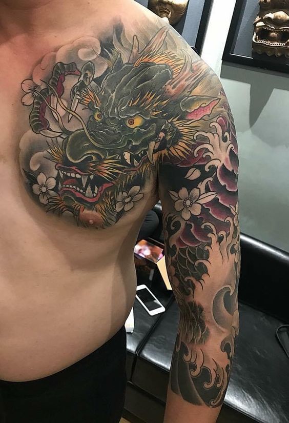 tattoo hình xăm rồng kết hợp hoa anh đào nhật bản