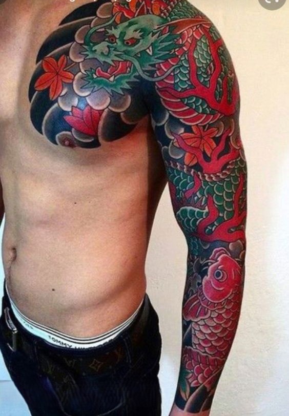 tattoo thanh long kết hợp hoa anh đào cực chất