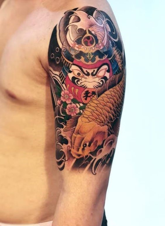 ý tưởng xăm daruma kết hợp hình cá chép full bắp tay