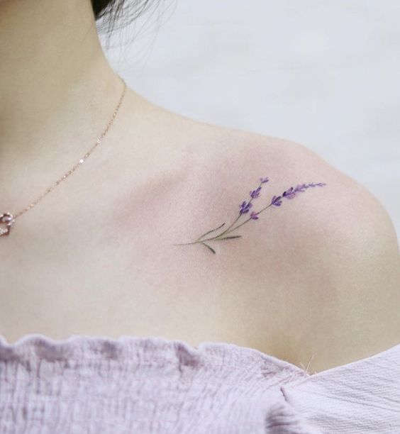 hình xăm hoa oải hương mini ở xương quai xanh cho nữ