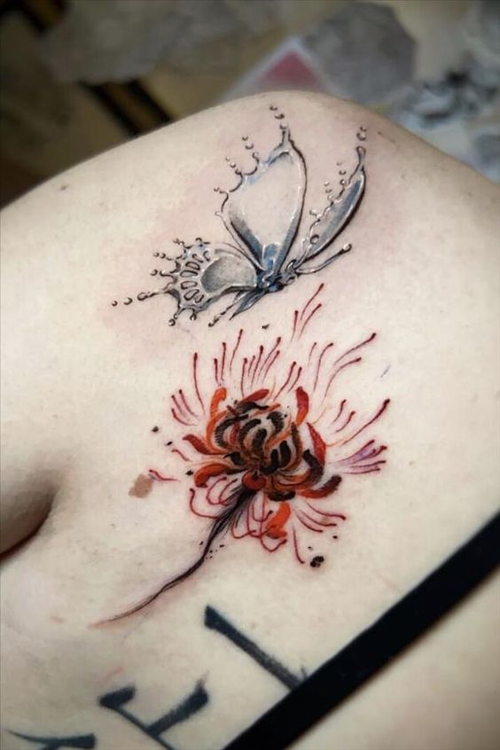 tattoo hoa bỉ ngạn và chú bướm nước size mini