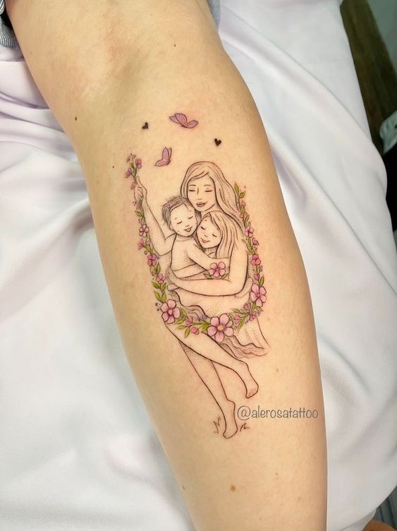 tatto mini mẹ cùng các con ngồi xích đu đầy hoa