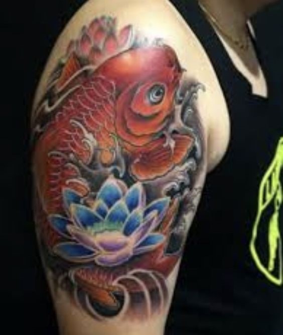 Tattoo cá chép và hoa sen cho anh khách cực cool