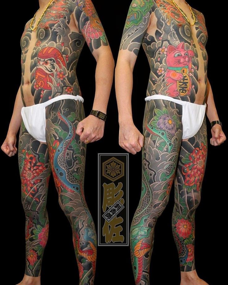 hình tattoo mèo thần tài và búp bê daruma