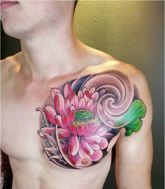 tattoo bông sen đẹp trước ngực nam