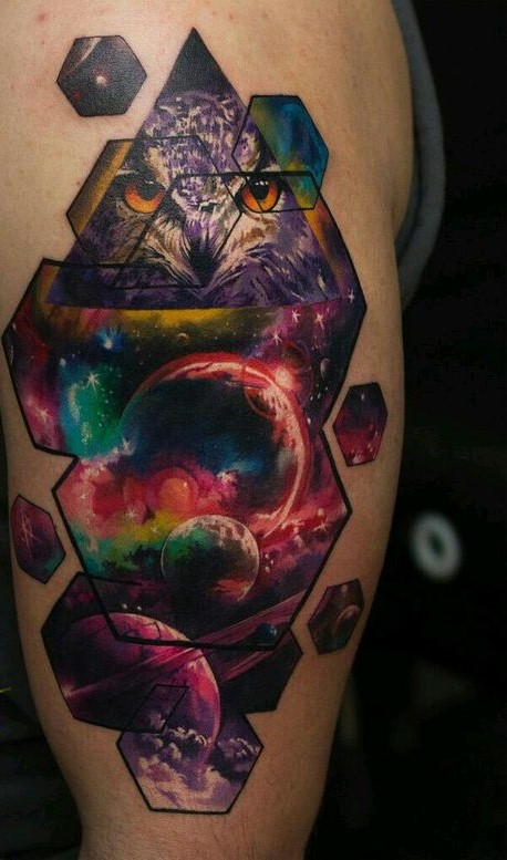 hình xăm ngân hà kết hợp cú mèo cực chất