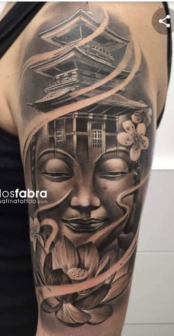 mẫu tattoo biểu tượng Phật giáo và hoa sen full bắp tay