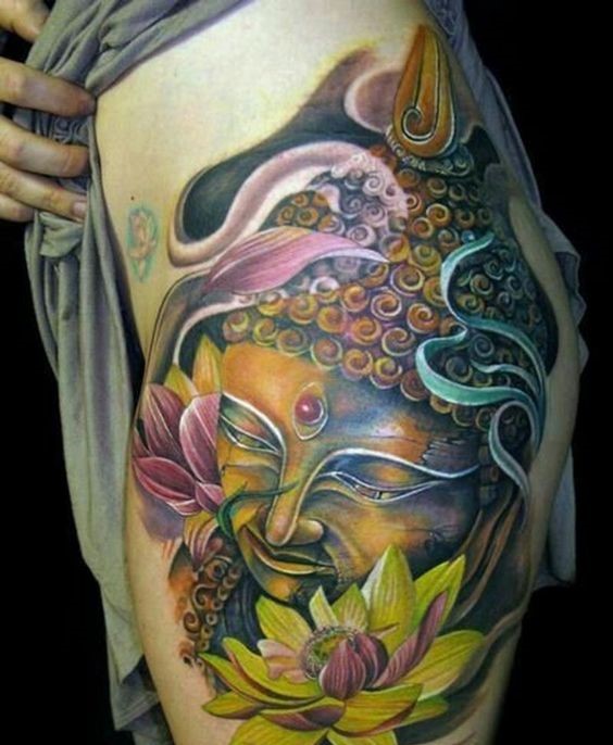 mẫu tattoo tượng Phật và hoa sen nghệ thuật