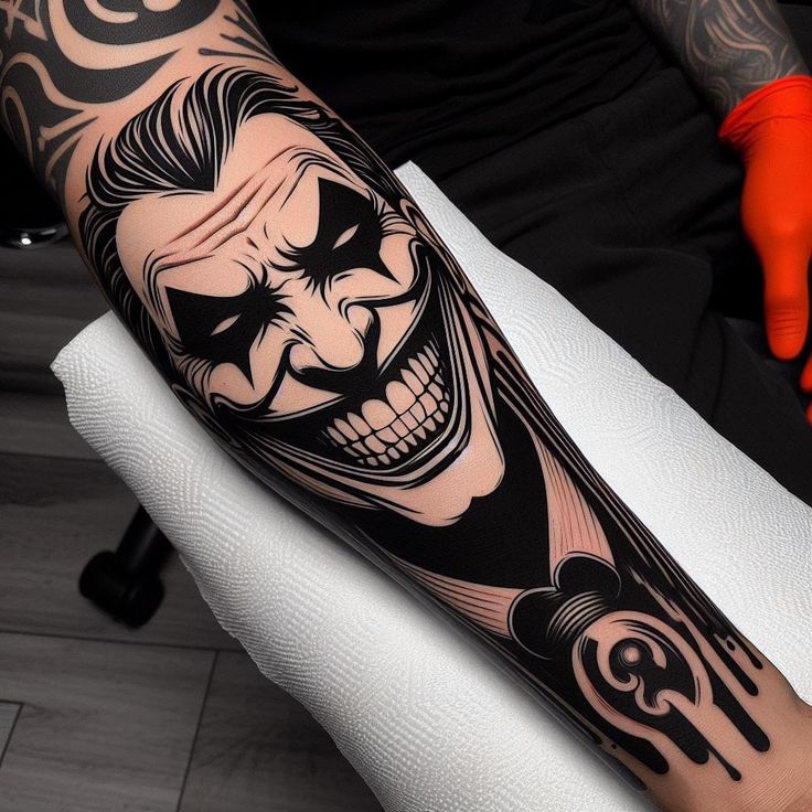 mẫu xăm joker với mặt cười đen trắng ở tay mẫu xăm joker với mặt cười đen trắng ở tay