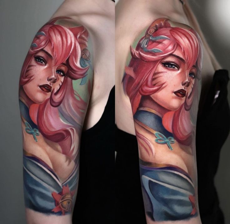 tattoo hồ ly chín đuôi Ahri kín bắp tay