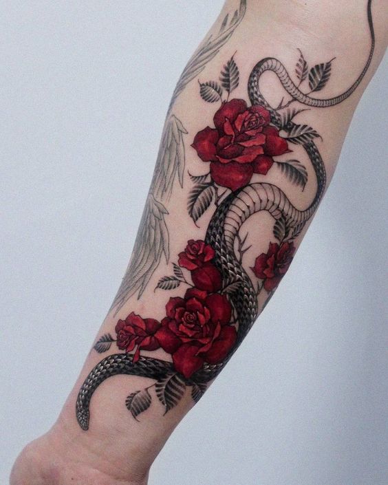 Tattoo hoa hồng cá tính cho nữ ở cánh tay