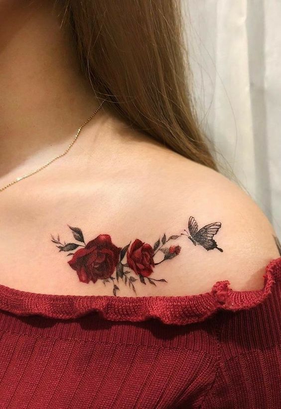 Tattoo hoa hồng đỏ và bướm siêu đẹp