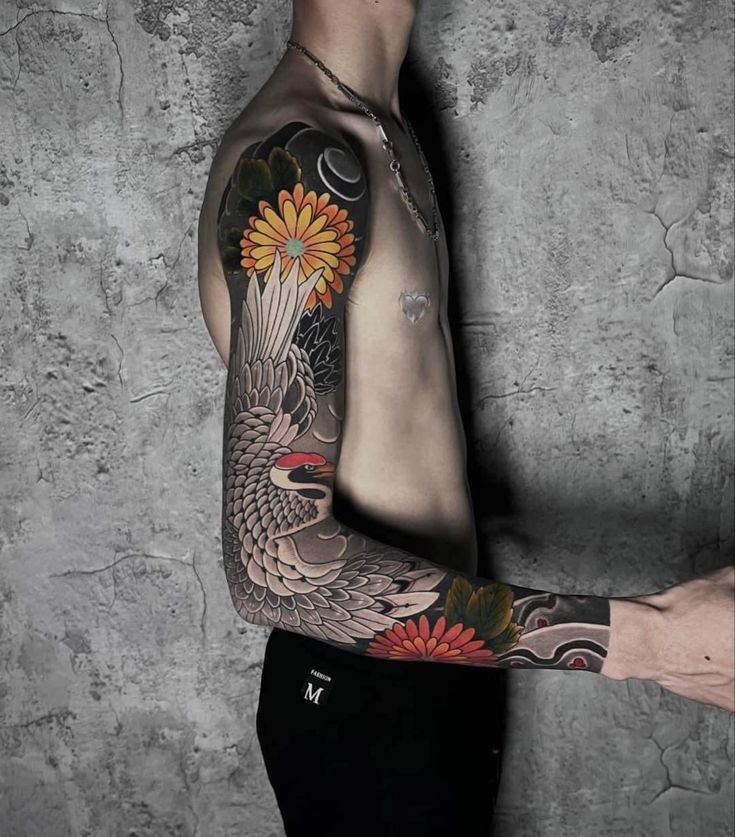 mẫu tattoo con hạc full cánh tay cực đẹp