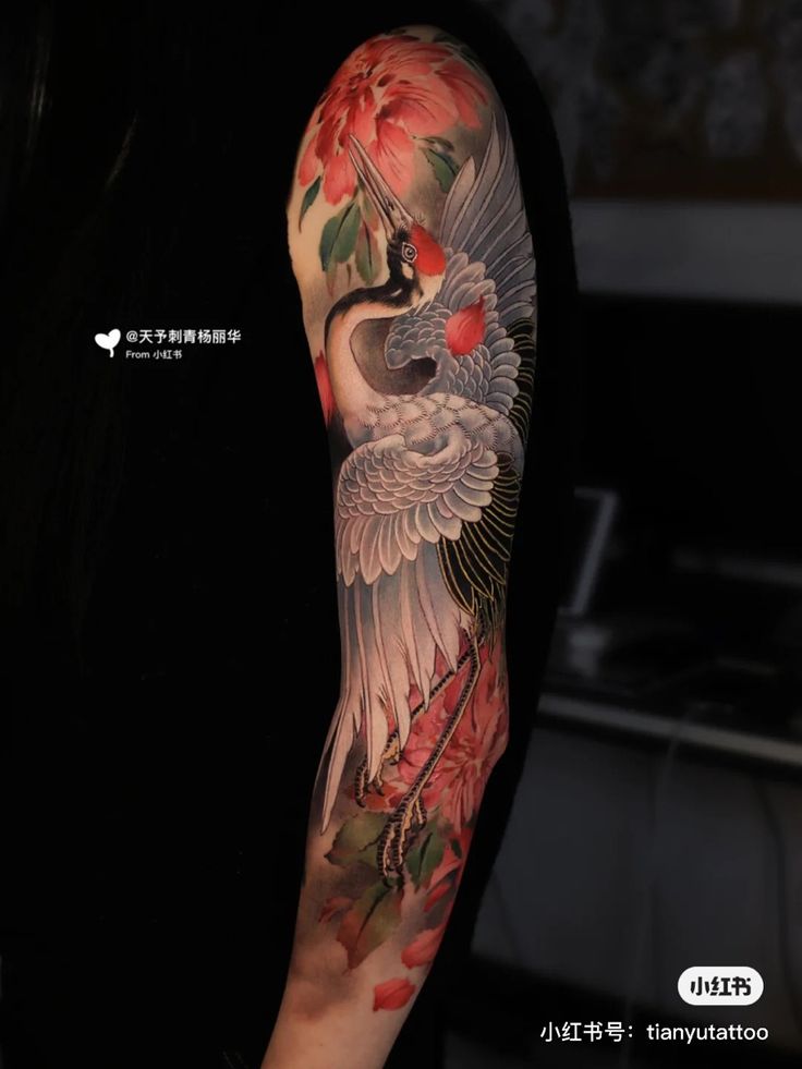 tattoo full cánh tay hình con hạc